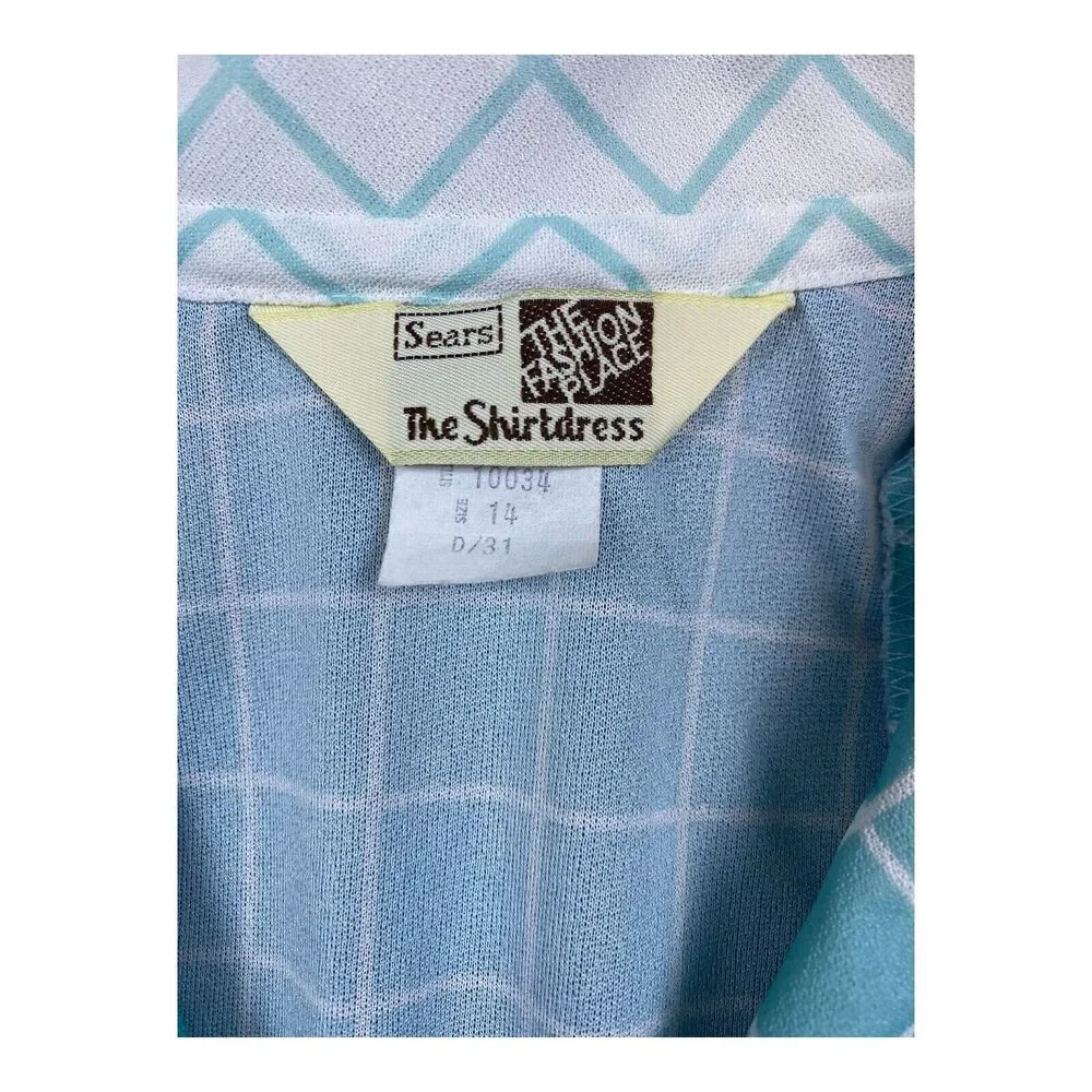 VTG 70s Sears ‘The‎ Shirtdress’ Baby Blue Checkered Plaid Long Sleeve Dress S-M - Picture 4 of 11